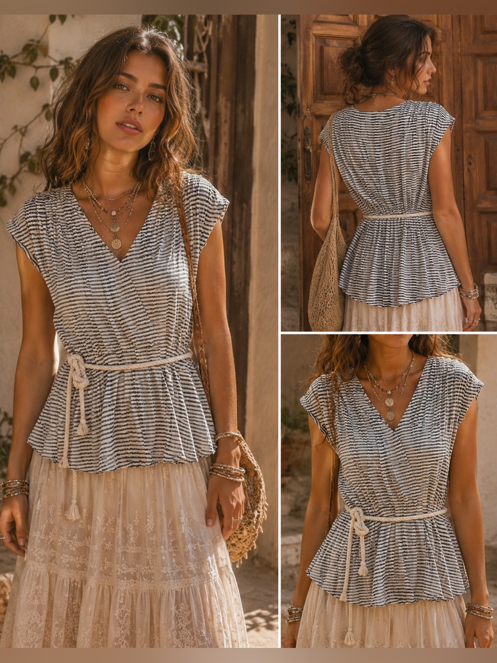 World Market Boho Striped Tunic Top S/M Cotton Blend Rope Belt India Rare